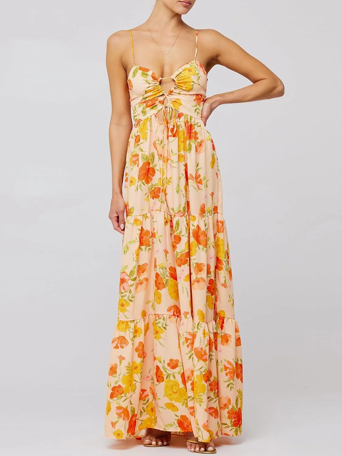 Women's Long Beach Dress Sleeveless Spaghetti Strap Cross Tie-up Front Floral Print Dress Midi Slip Dress