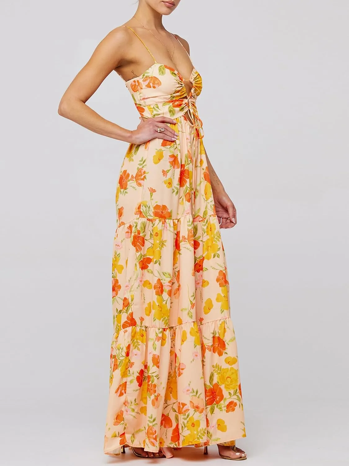 Women's Long Beach Dress Sleeveless Spaghetti Strap Cross Tie-up Front Floral Print Dress Midi Slip Dress