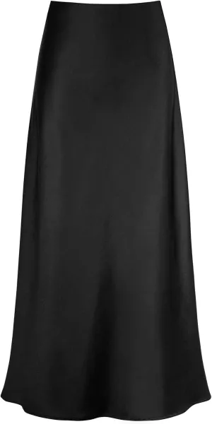Women's Satin High Waisted Maxi Skirts Hidden Elasticized Waistband A Line Long Skirt