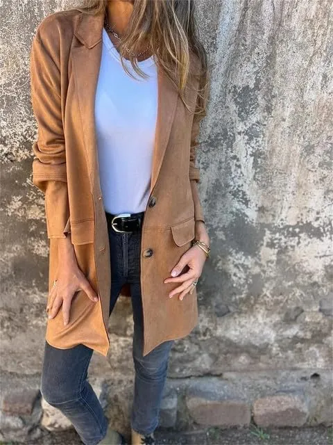 Womens Suede Business Long Jackets Button up Notched Lapel Blazer Relaxed Faux Leather Trench Overcoat Pea Coats Suit Outwear
