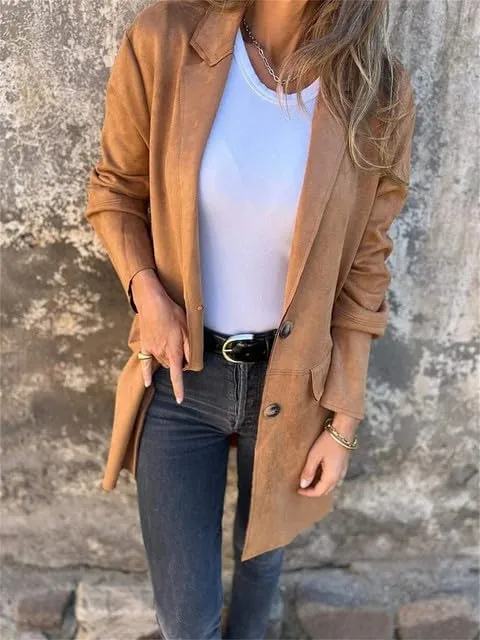 Womens Suede Business Long Jackets Button up Notched Lapel Blazer Relaxed Faux Leather Trench Overcoat Pea Coats Suit Outwear