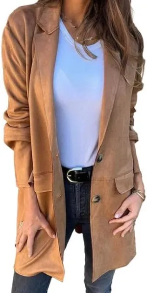 Womens Suede Business Long Jackets Button up Notched Lapel Blazer Relaxed Faux Leather Trench Overcoat Pea Coats Suit Outwear