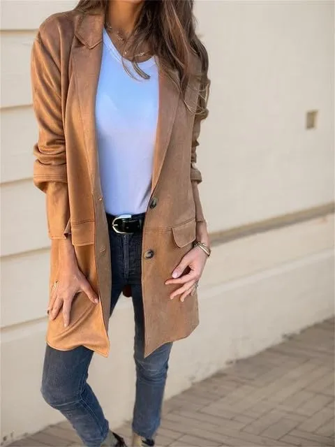 Womens Suede Business Long Jackets Button up Notched Lapel Blazer Relaxed Faux Leather Trench Overcoat Pea Coats Suit Outwear