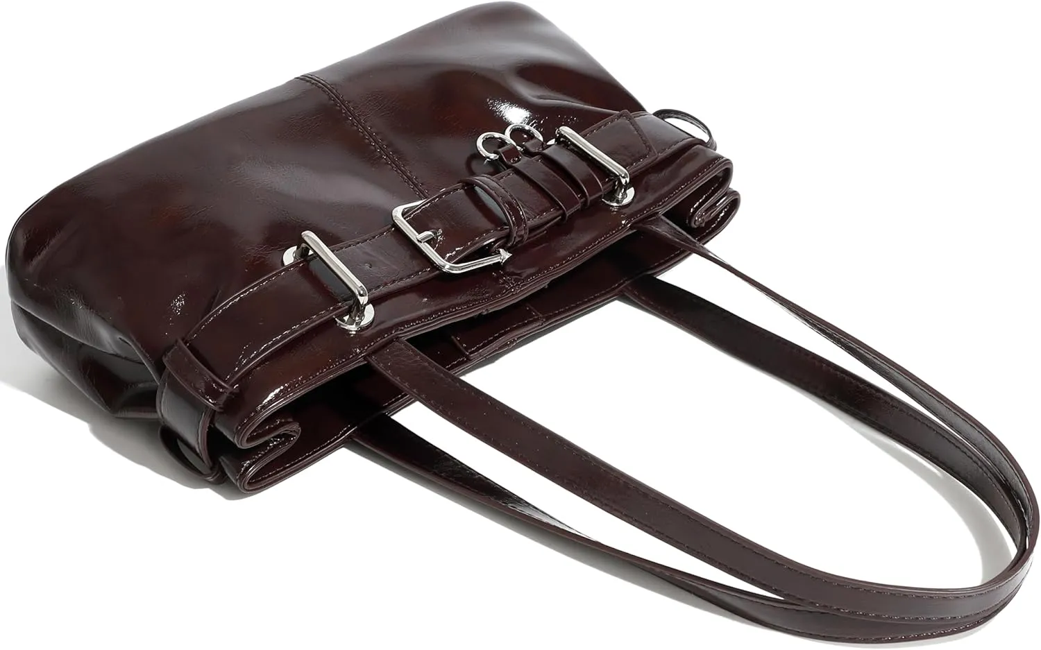 Women's Vegan Leather East West Y2K Buckle Belt Satchel Tote Shoulder Bag