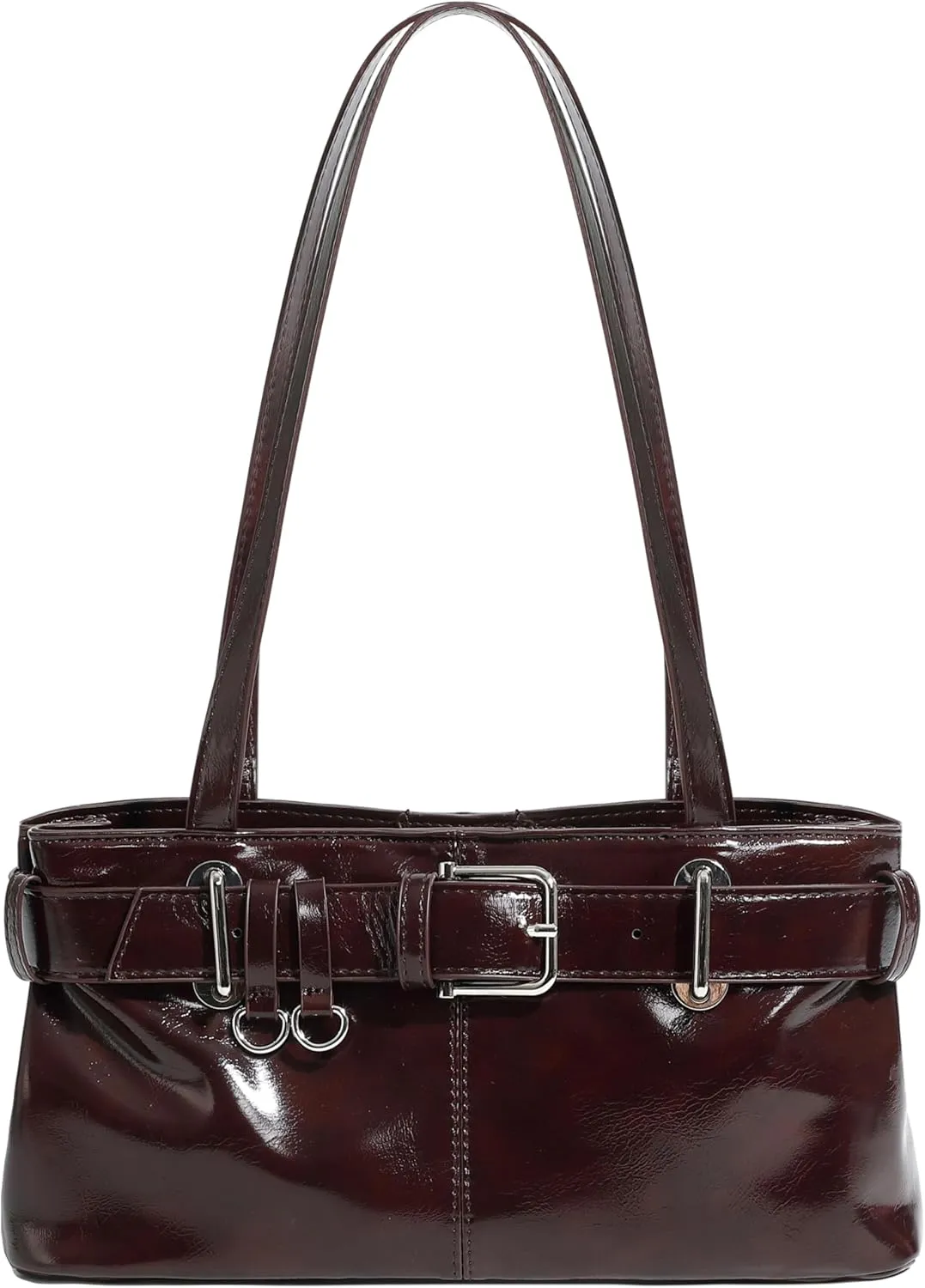 Women's Vegan Leather East West Y2K Buckle Belt Satchel Tote Shoulder Bag