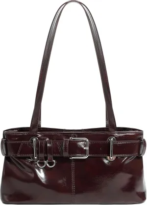 Women's Vegan Leather East West Y2K Buckle Belt Satchel Tote Shoulder Bag