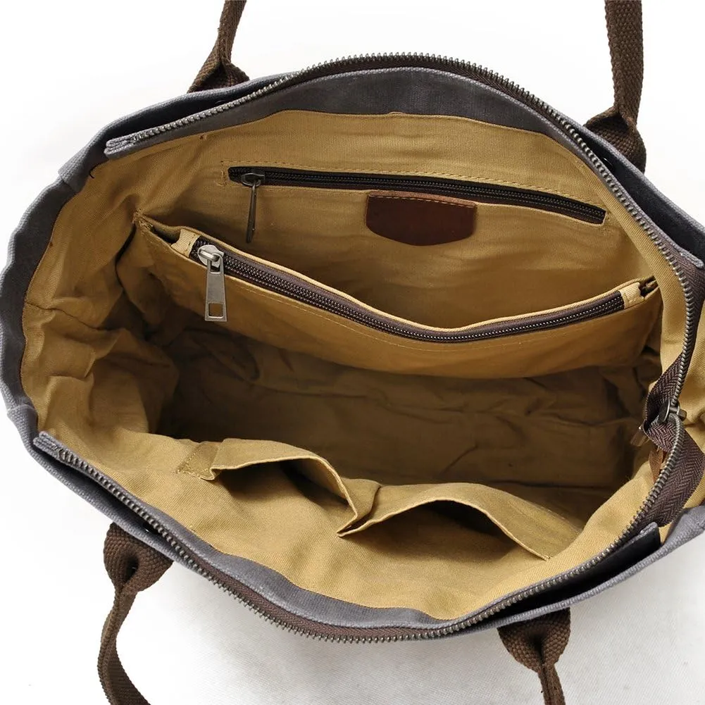 Women's Waxed Canvas Tote Bag with Genuine Leather Trim, Water-Repellent Shoulder Purse for Work & Travel, Fits 14" Laptop