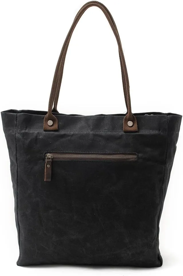 Women's Waxed Canvas Tote Bag with Genuine Leather Trim, Water-Repellent Shoulder Purse for Work & Travel, Fits 14" Laptop