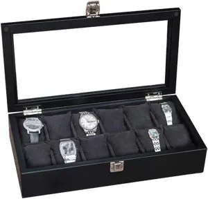 Wooden Watch Box Glass Lid 12 Watch Luxury Jewellery Display Storage Box Bracelet Tray Cufflink Organizer with 12 Removal Storage Cushions and Lockable Metal Buckle