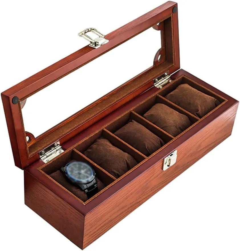 Wooden Watch Box Glass Lid 5 Watch Luxury Jewellery Display Storage Box Bracelet Tray Cufflink Organizer with 5 Removal Storage Pillows and Lockable Metal Buckle(Red)