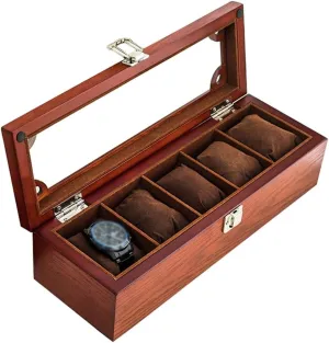 Wooden Watch Box Glass Lid 5 Watch Luxury Jewellery Display Storage Box Bracelet Tray Cufflink Organizer with 5 Removal Storage Pillows and Lockable Metal Buckle(Red)