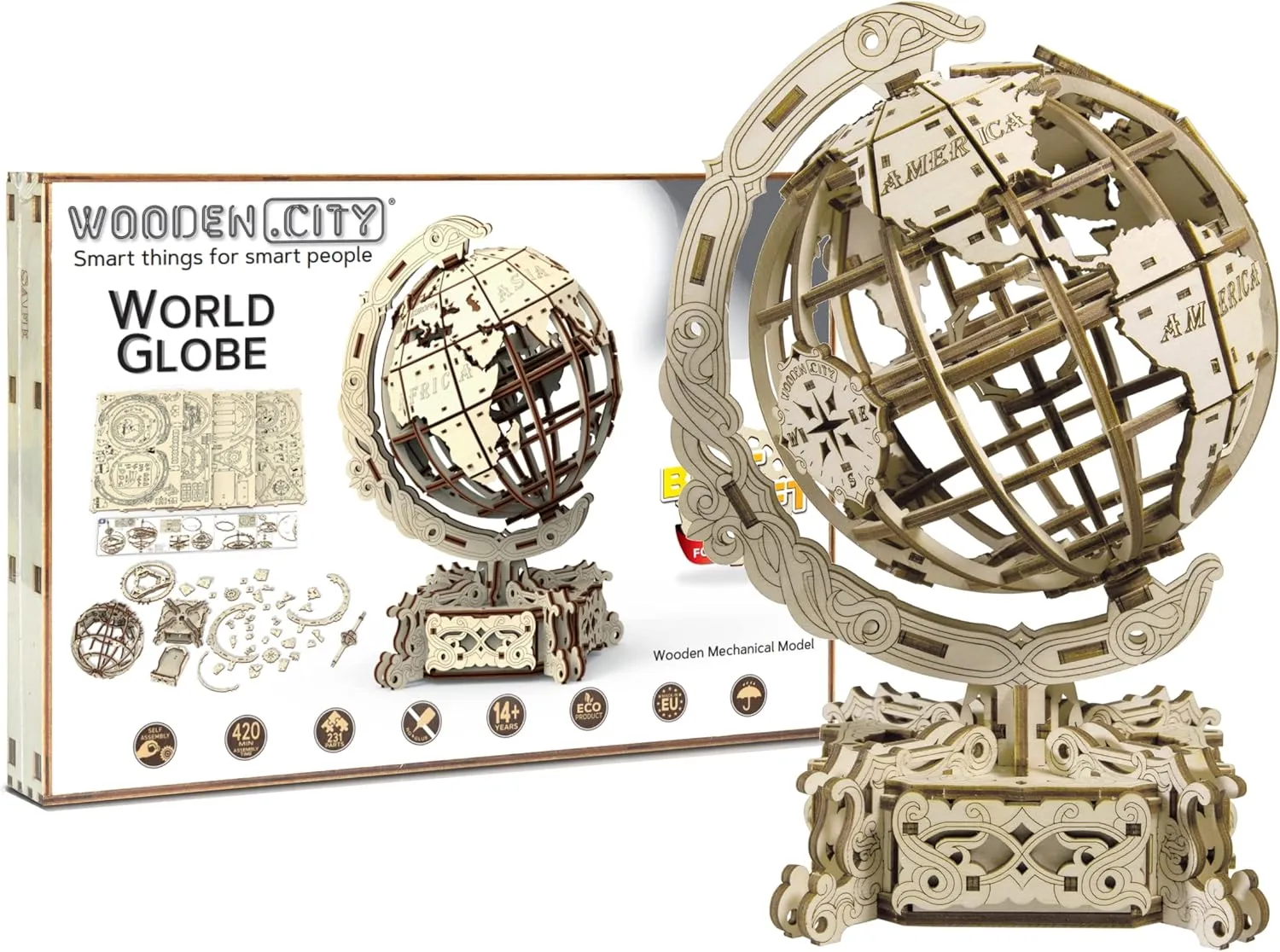 WOODEN.CITY 3D Wooden Globe Model - Adult Puzzle Kit with 231 Pieces - Intricate Design for Decorative Stand