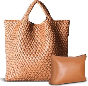 Woven Bag for Women, Vegan Leather Tote Bag Large Summer Beach Travel Handbag and Purse Retro Handmade Shoulder Bag