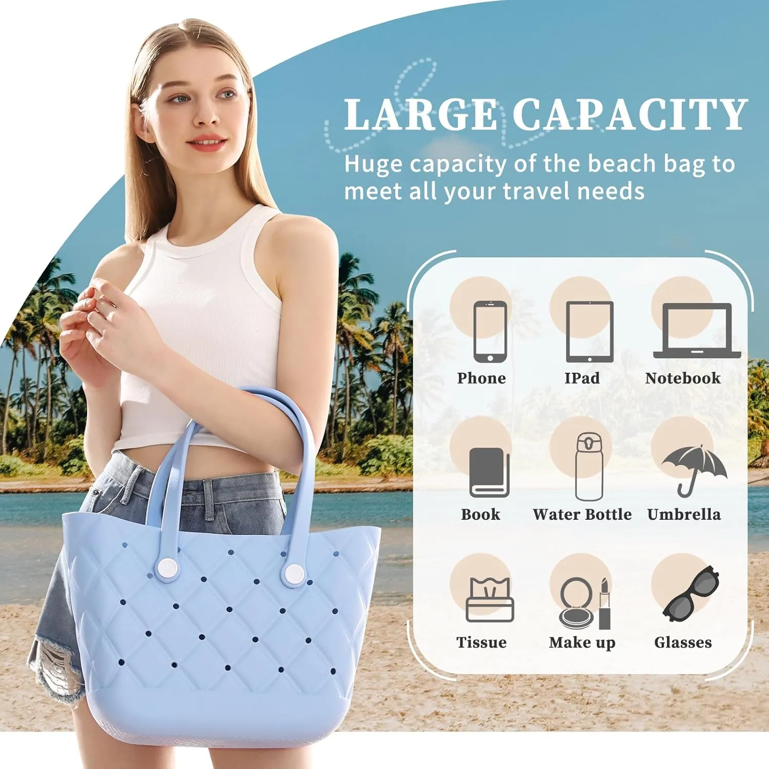 X Large Beach Bag Rubber Tote Bag, Waterproof Washable Proof Travel Bag for Women Handbag for Sports Beach Market Pool