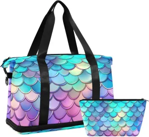 xigua Gym Bag Rainbow Mermaid Scales Travel Duffel Bag - Sports Gym Bag with Dry Wet Pocket Cosmetic bag & Shoes Compartment for Women and Men