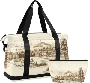 xigua Gym Bag Village and Mountain Travel Duffel Bag - Sports Gym Bag with Dry Wet Pocket Cosmetic bag & Shoes Compartment for Women and Men