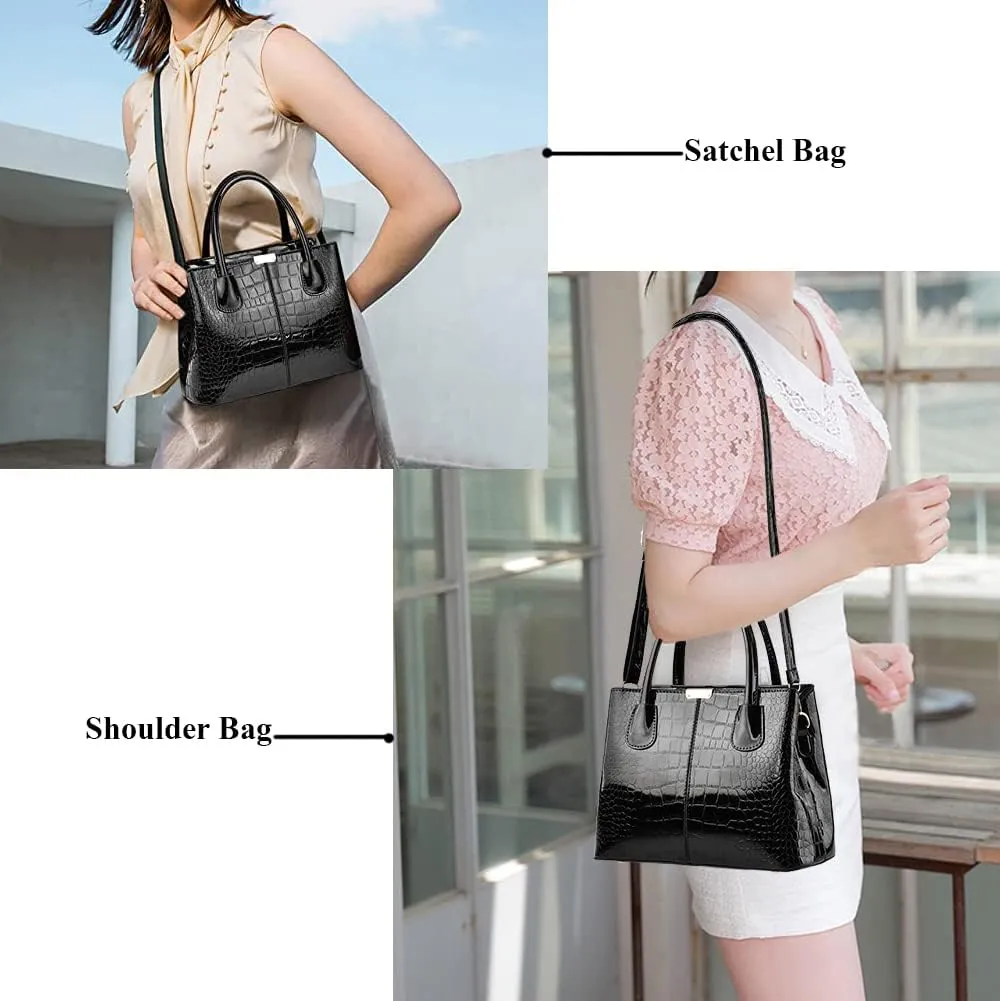 XXGJOALD-Women Handbags Classic Top Handle Purse Shiny Patent Leather Crocodile Pattern Totes Stylish Satchel Shoulder Bag