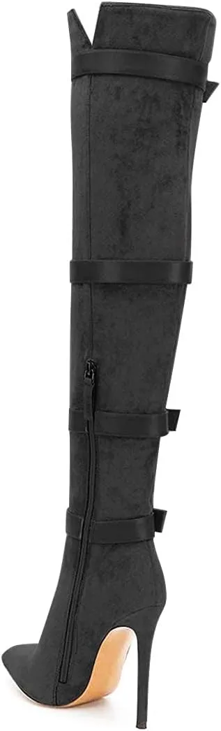XYD Women Stiletto Heel Over The Knee Boots Pointed Toe Buckled Strappy Thigh High Sexy Night Club Shoes
