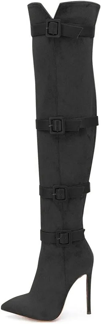 XYD Women Stiletto Heel Over The Knee Boots Pointed Toe Buckled Strappy Thigh High Sexy Night Club Shoes