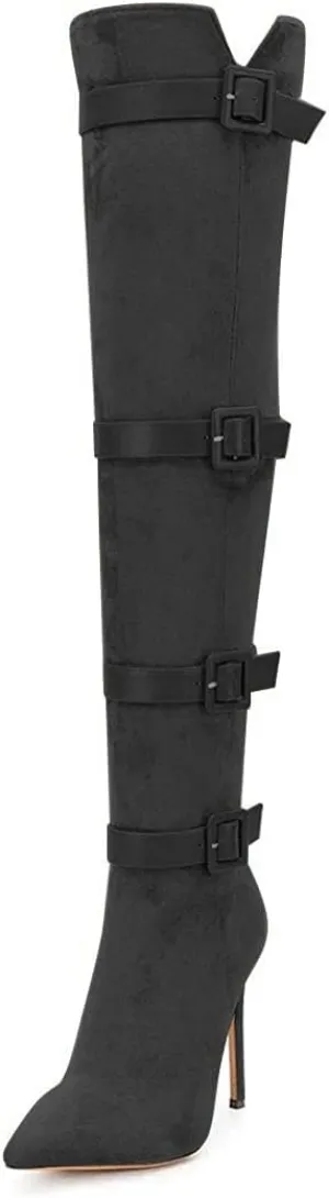 XYD Women Stiletto Heel Over The Knee Boots Pointed Toe Buckled Strappy Thigh High Sexy Night Club Shoes