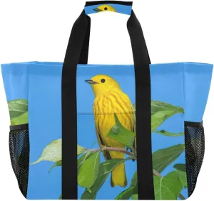 Yellow Warbler Perched in Branch Beach Tote Pool Bags for Women Ladies Large Waterproof Gym Tote Carry On Bag for Weekender Swim Gym Shopping Travel Daily Bag