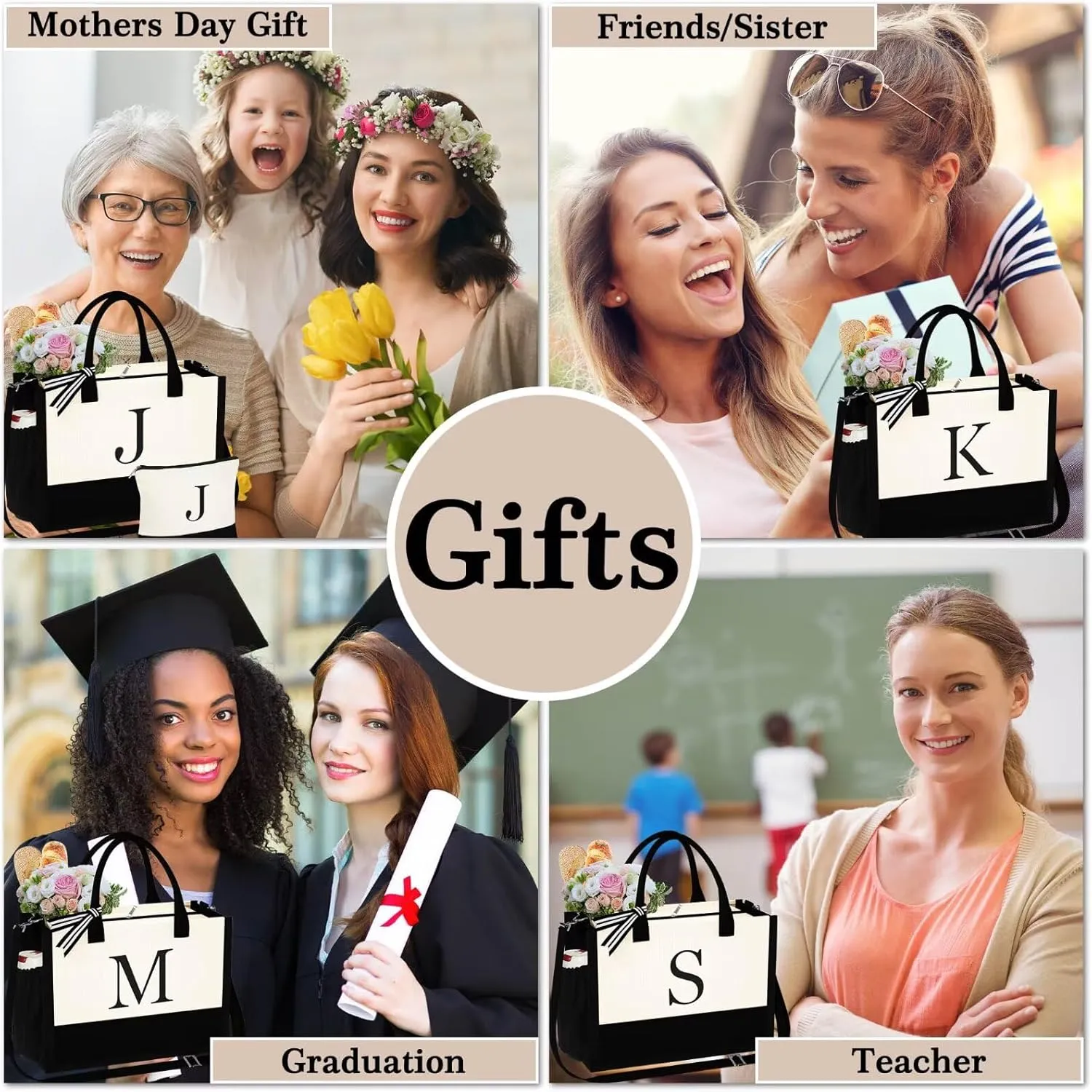 YOOLIFE Mothers Day Gifts for Women - Initial Tote Bag & Makeup Bag, Birthday Gifts for Women Mom Wife Teacher Friend