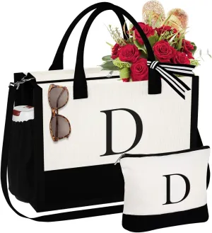 YOOLIFE Mothers Day Gifts for Women - Initial Tote Bag & Makeup Bag, Birthday Gifts for Women Mom Wife Teacher Friend