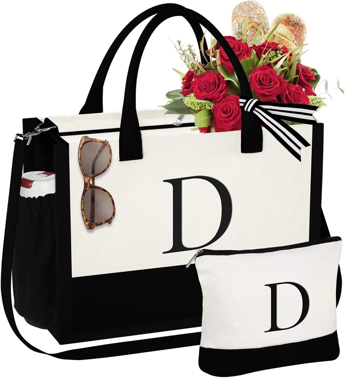 YOOLIFE Mothers Day Gifts for Women - Initial Tote Bag & Makeup Bag, Birthday Gifts for Women Mom Wife Teacher Friend