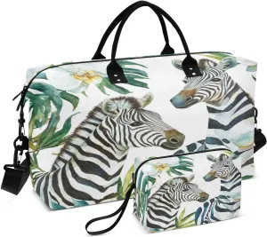 Zebra Tropical Flowers White Sports Gym Bag for Women Men Travel Duffel Bag Weekend Overnight Carry on Bag with Toiletry Bag Air Travel Bag for Plane Hospital Workout Swimming Yoga
