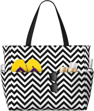 Zigzag Stripe. Print Large Capacity Beach Travel Bag For Family, Beach Tote Bag For Women With Zipper Pockets