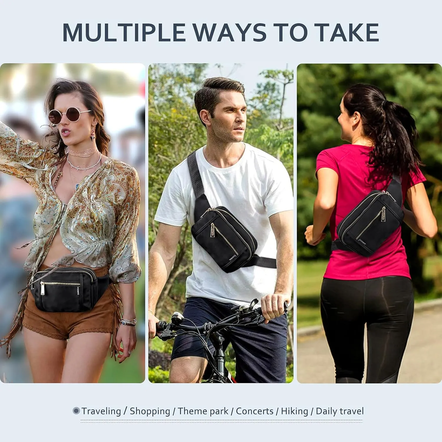 ZORFIN Fanny Packs for Women Men, Belt Bag with 5 Zipper Pockets, Fashion Waist Pack Crossbody Bag with Adjustable Belt for Travel/Shopping/Hiking/Running/Cycling (Coffee, Gray Zipper)