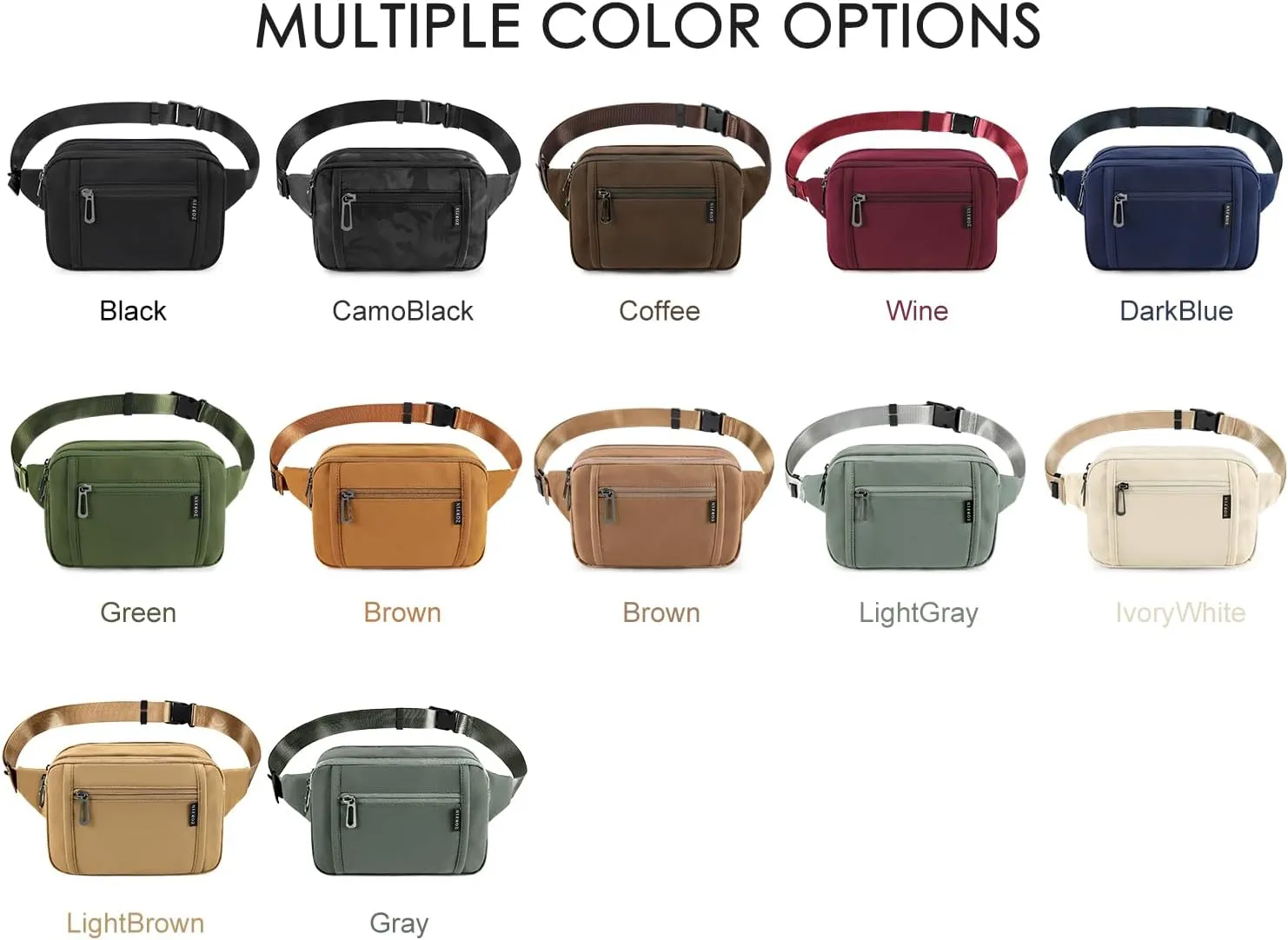 ZORFIN Fanny Packs for Women Men, Belt Bag with 5 Zipper Pockets, Fashion Waist Pack Crossbody Bag with Adjustable Belt for Travel/Shopping/Hiking/Running/Cycling (Coffee, Gray Zipper)