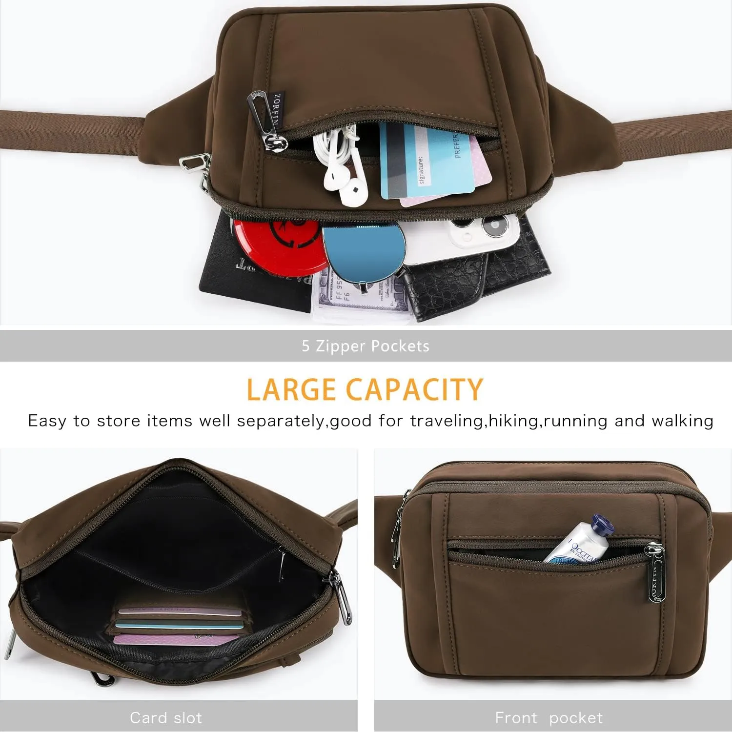 ZORFIN Fanny Packs for Women Men, Belt Bag with 5 Zipper Pockets, Fashion Waist Pack Crossbody Bag with Adjustable Belt for Travel/Shopping/Hiking/Running/Cycling (Coffee, Gray Zipper)