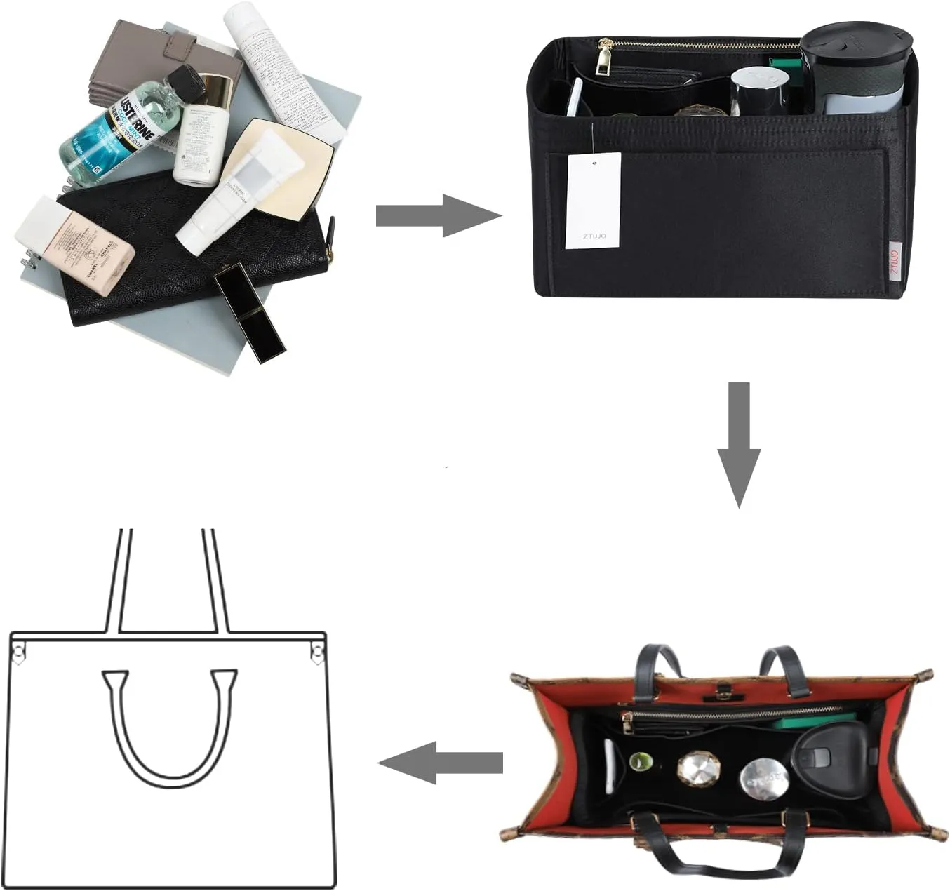 ZTUJO Purse Organizer Insert For Handbags, Silky Touching Bag Organizer Insert With Bottle Holder, Perfect for Speedy, Neverfull, Tote,ONTHEGO,Artsy,Handbag and More (Mini, Silky Black)