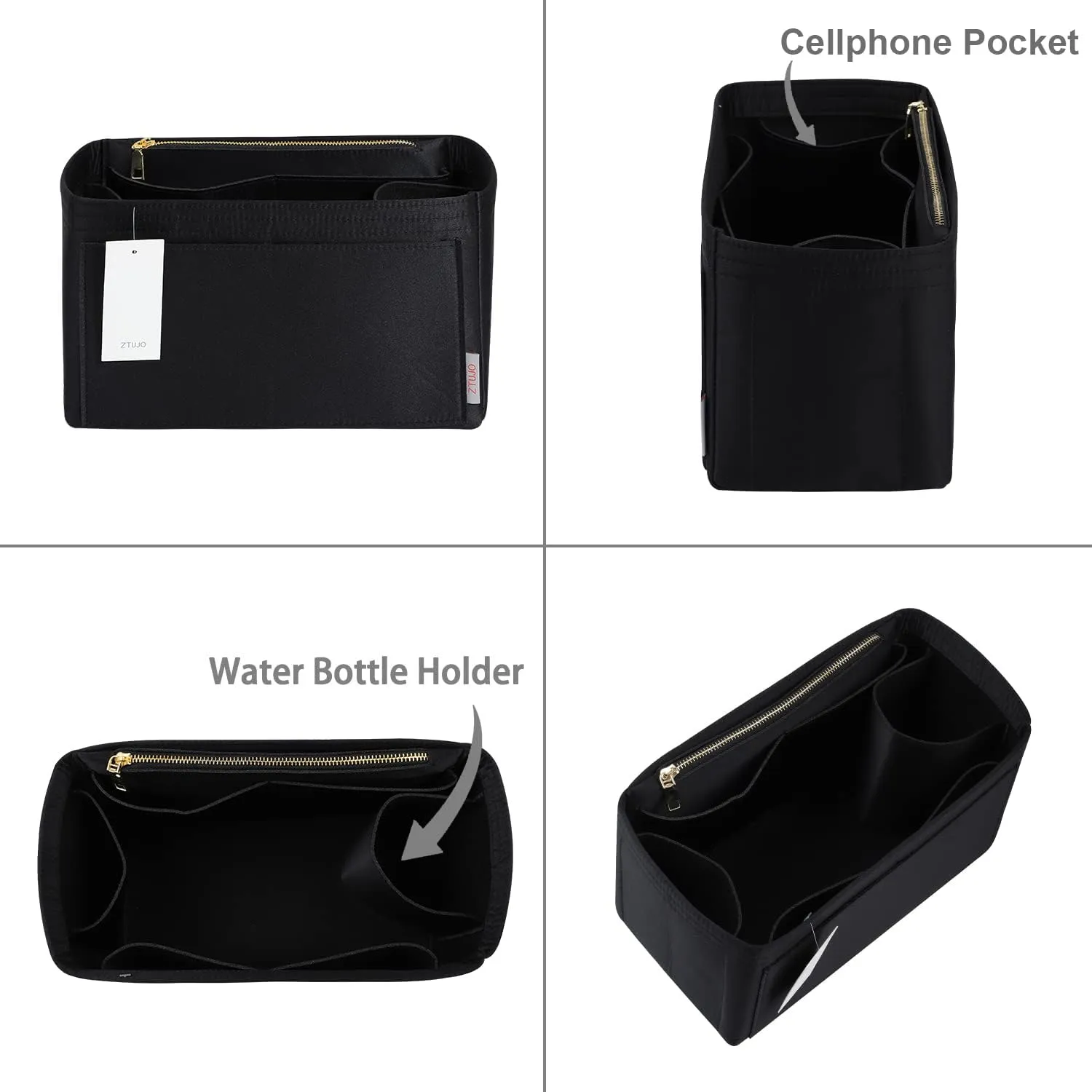 ZTUJO Purse Organizer Insert For Handbags, Silky Touching Bag Organizer Insert With Bottle Holder, Perfect for Speedy, Neverfull, Tote,ONTHEGO,Artsy,Handbag and More (Mini, Silky Black)